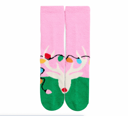 Women's Fuzzy ReindeerSocks - Christmas Lights and Cozy Nights