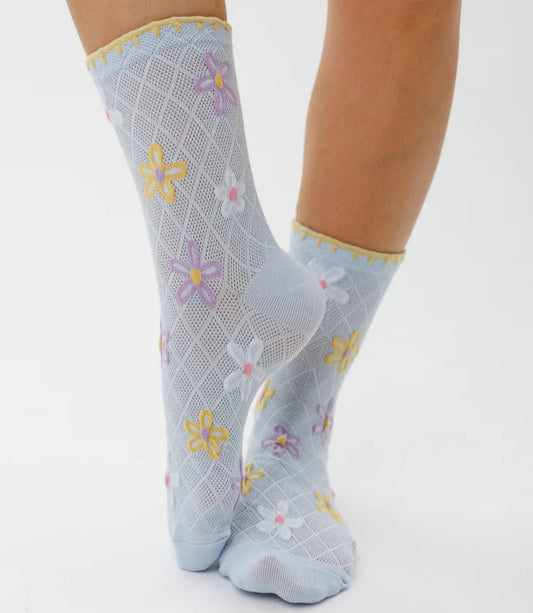 Women's Blue Embroidered Flower Socks