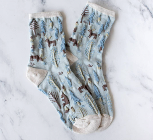 Women's Holiday Forest Socks Cozy Deer & Winter Woodland Crew Socks Oatmeal/Denim