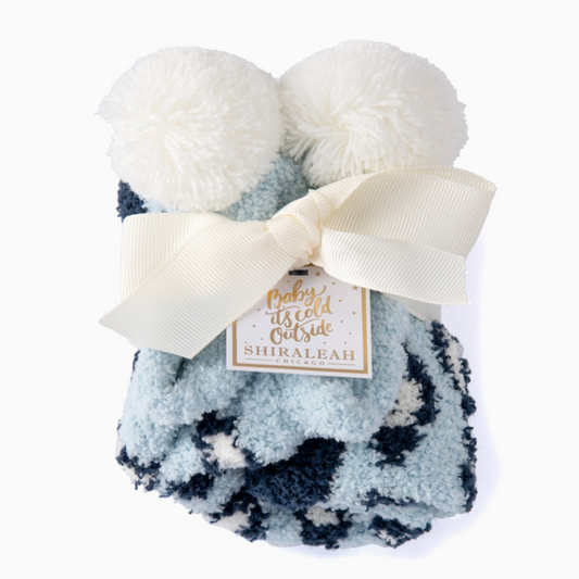 Women's Pom Pom Socks with Grippers - Leopard Print Blue and Black