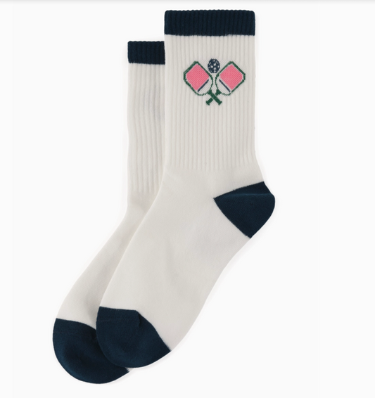 White sports crew socks with green heel, toe and cuff with pink and green pickleball paddles.