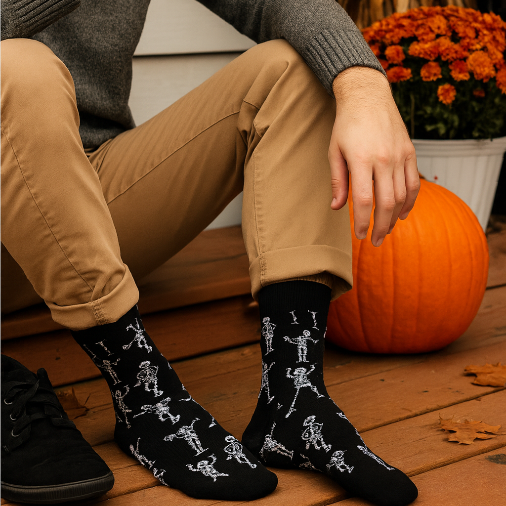 Person sitting on a wooden deck holding a beer bottle, wearing black socks with skeleton pattern. Perfect for Halloween.