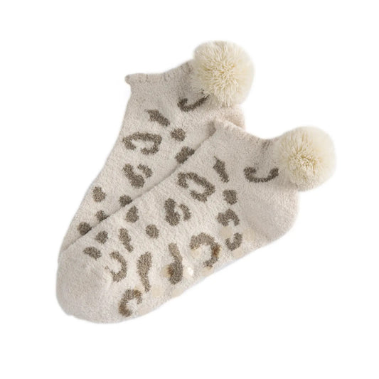 Womens Pom Pom Socks with Grippers - Leopard Print Taupe Cream