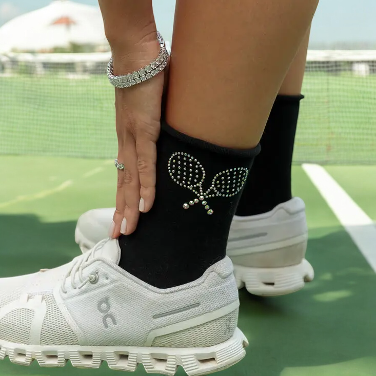 Black women's rhinestone tennis socks with a sparkling tennis racquet design, perfect for tennis lovers and players.