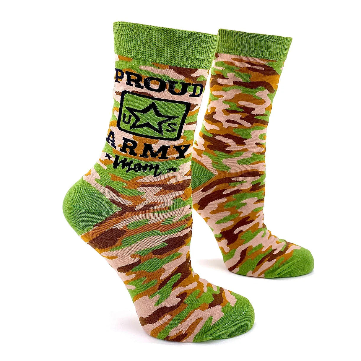 Camouflage socks with 'Proud Army Mom' text on a white background