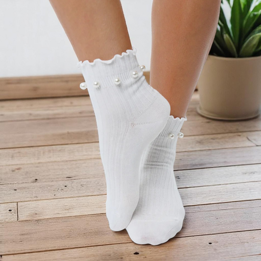Women's White Pearl Frill Socks