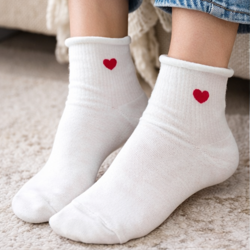White socks with red hearts worn by a person sitting on a couch.