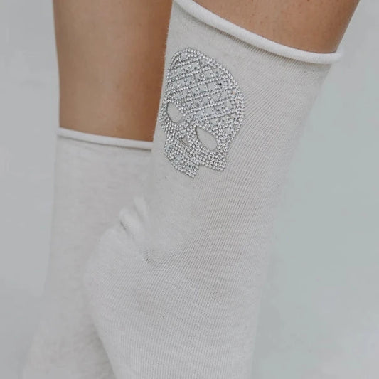Women's Embellished Skull Socks - White