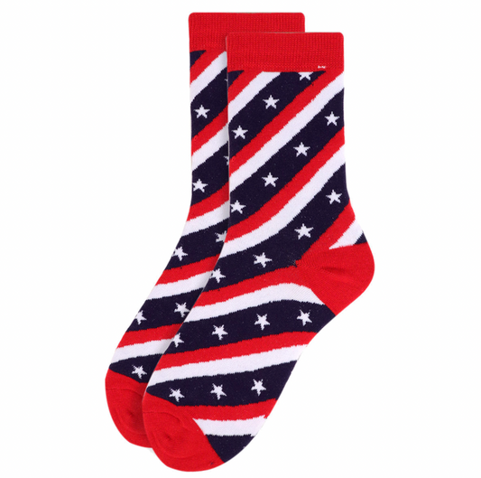 Women's crew socks with American flag design with stars and stripes.