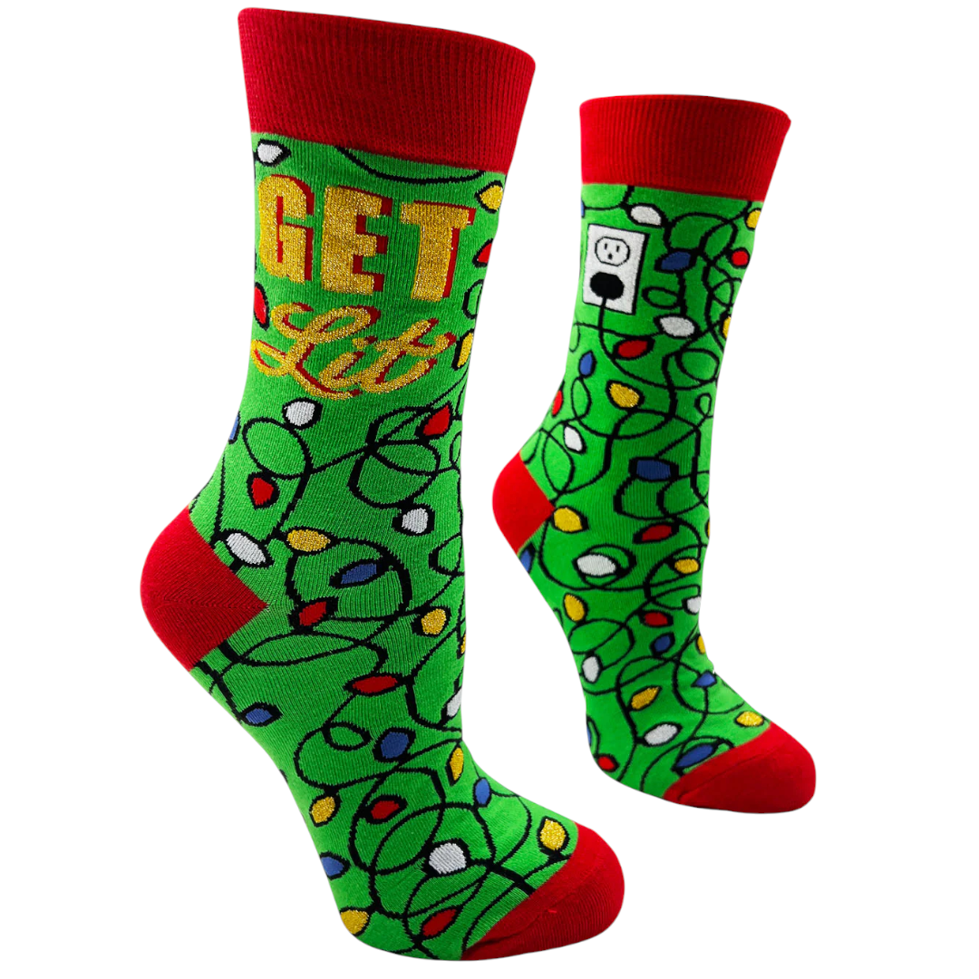 Women's Get Lit Christmas Lights Crew Socks – Funny Holiday Gift
