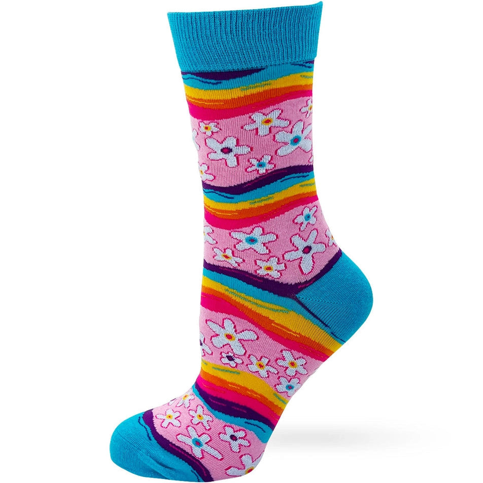 Colorful sock with floral patterns and rainbow stripes on a white background