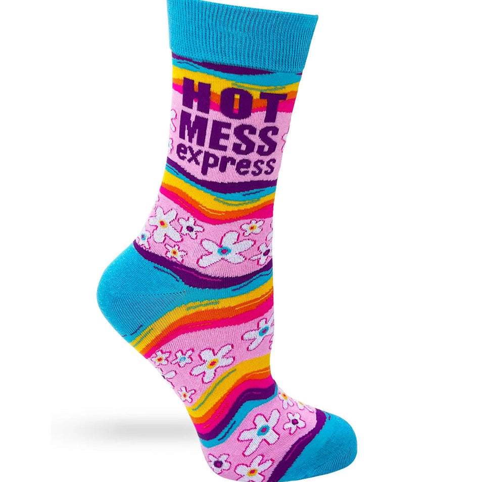 Colorful sock with 'Hot Mess Express' text on a white background