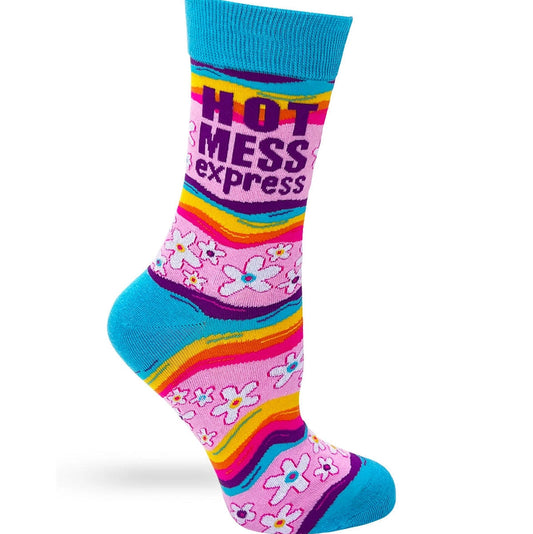 Colorful sock with 'Hot Mess Express' text on a white background