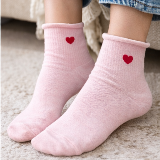 Pink socks with red hearts worn by a person sitting on a couch.