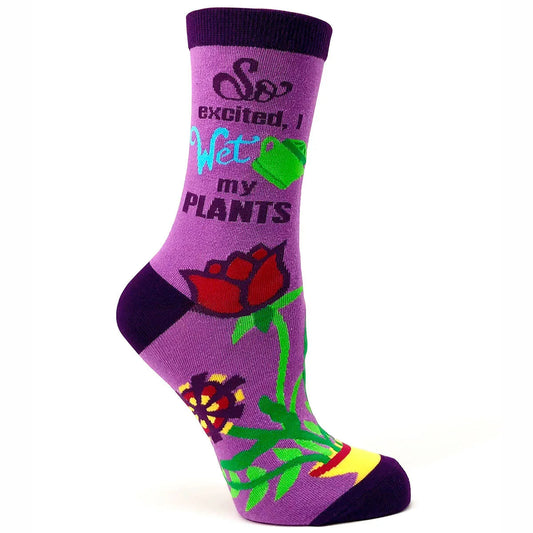 Purple sock with floral design and text on a white background