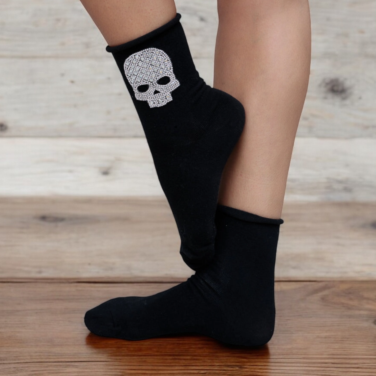 Women's Embellished Skull Socks - Black