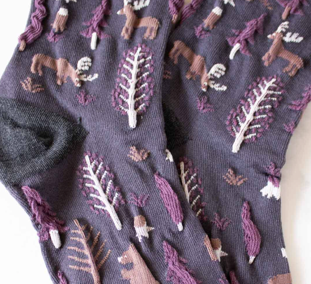 women's plum purple holiday forest socks with brown moose and bear and pine tree textured pattern