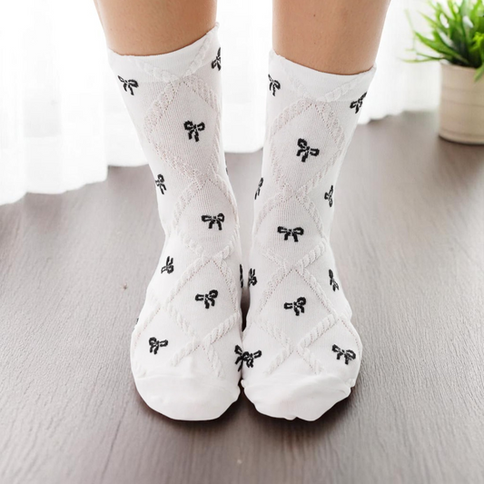 Women's Diamond Bow Socks - White with Black Bows