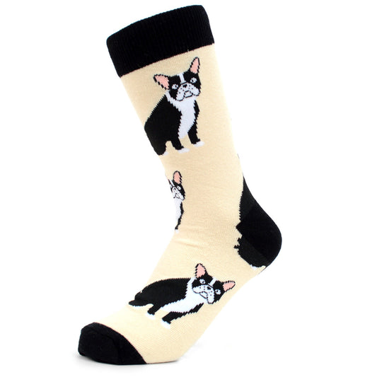  A pair of women's ankle-length socks in a neutral beige shade, adorned with multiple French Bulldog faces and silhouettes. The toes and heels are solid black, complementing the playful dog pattern.
