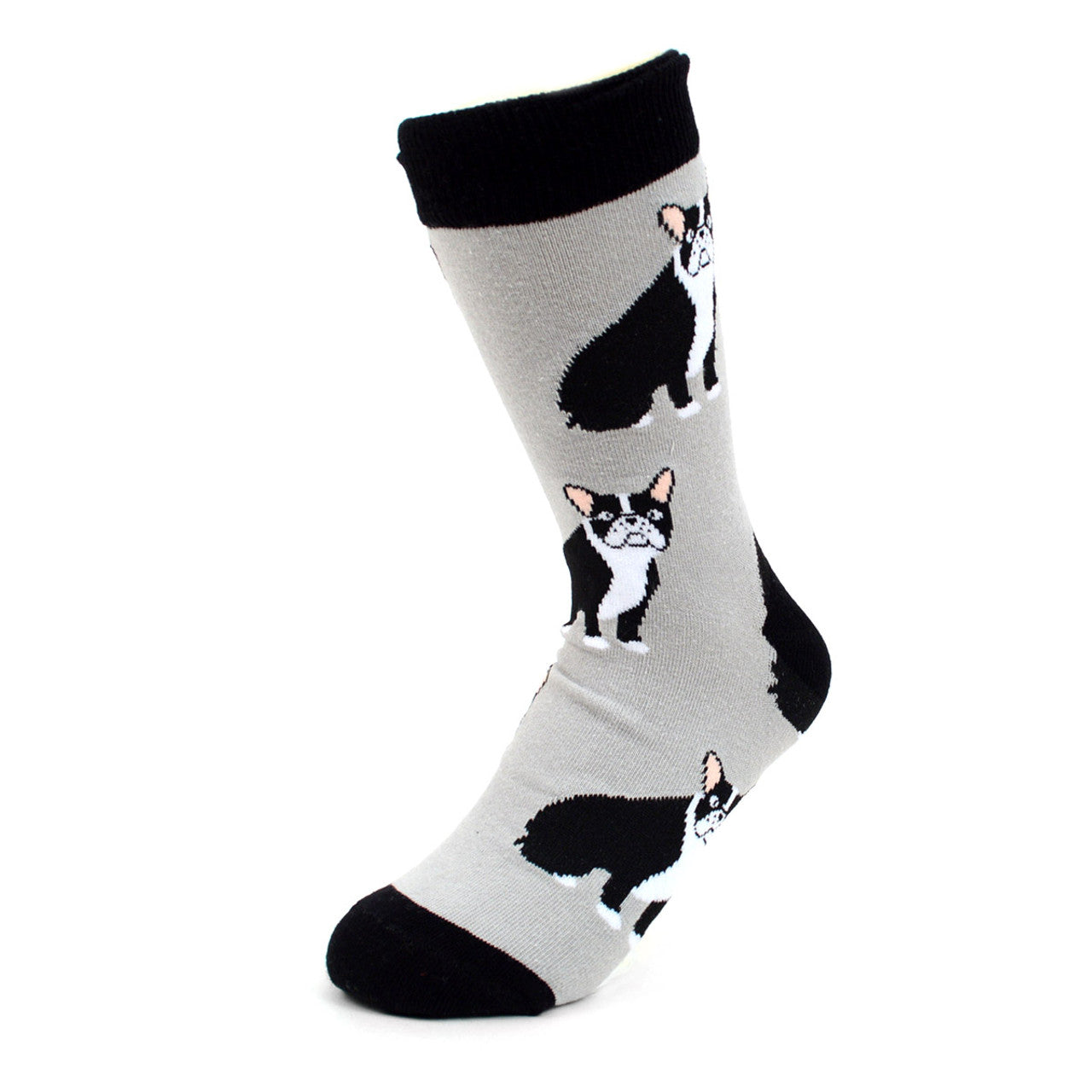 A pair of women's crew socks in a neutral gray shade, featuring multiple French Bulldog faces and silhouettes. The toes and heels are solid black, complementing the playful dog pattern.