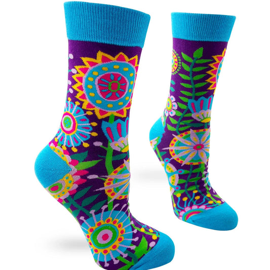 Colorful floral-patterned socks with blue accents on a white background