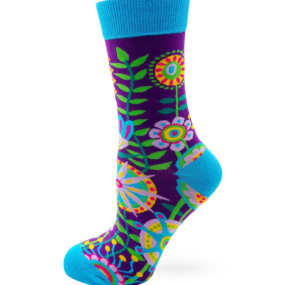 Colorful sock with floral design on a white background