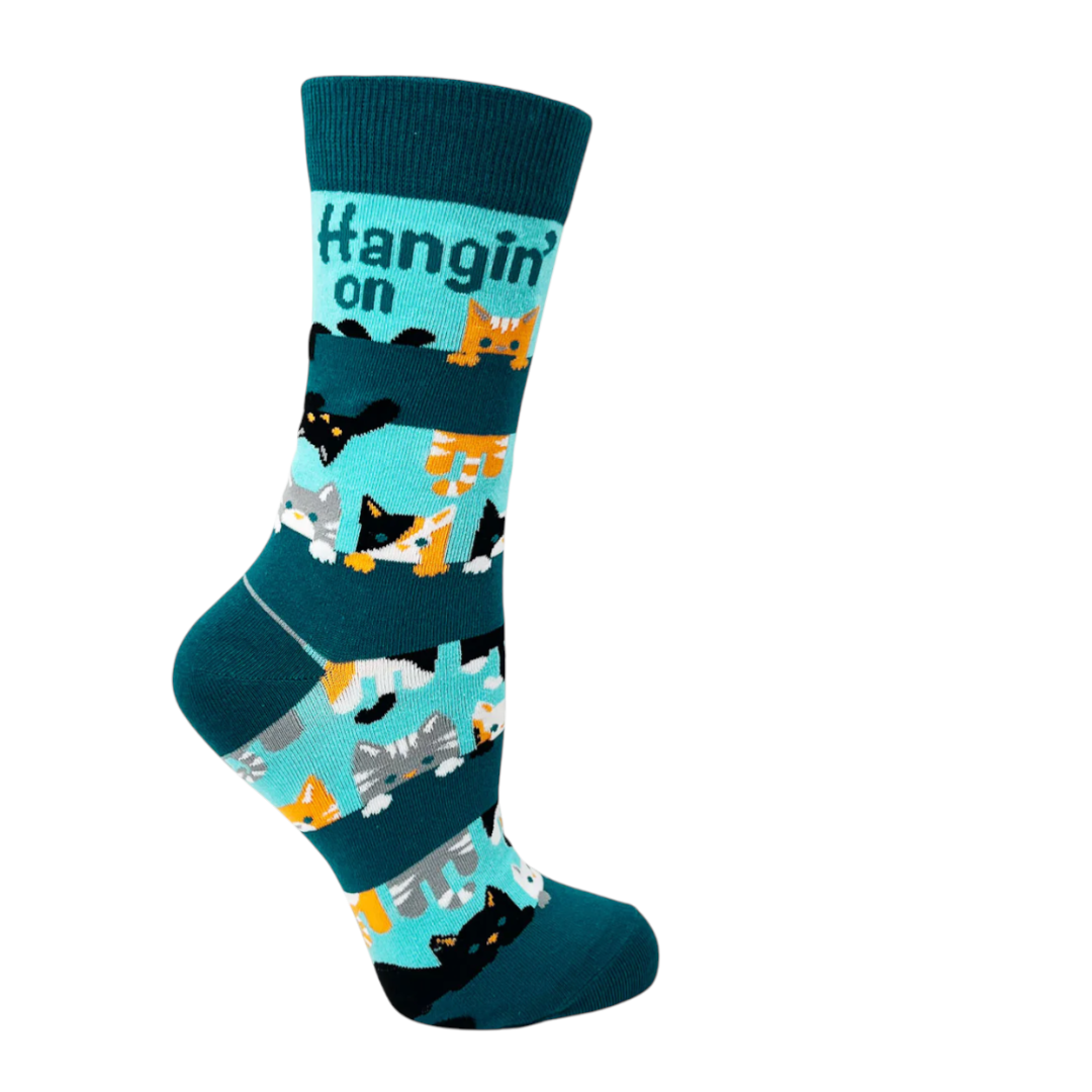 Hangin’ On Til Friday cat crew sock in teal and aqua with colorful cats pattern