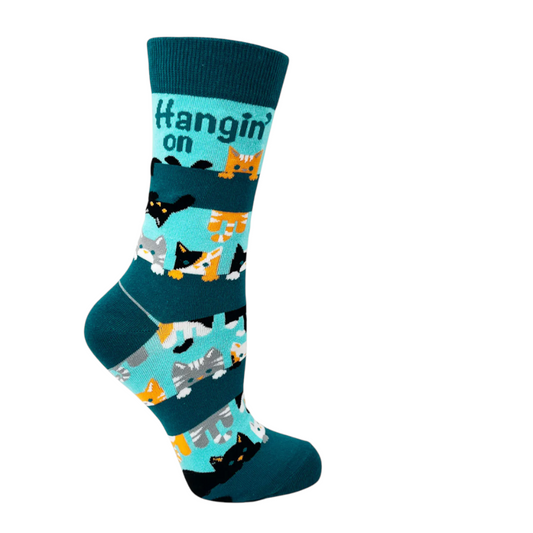 Hangin’ On Til Friday cat crew sock in teal and aqua with colorful cats pattern