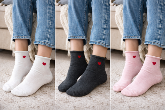 Women's Heart Ankle Socks with Rolled Cuff - White, Pink and Gray