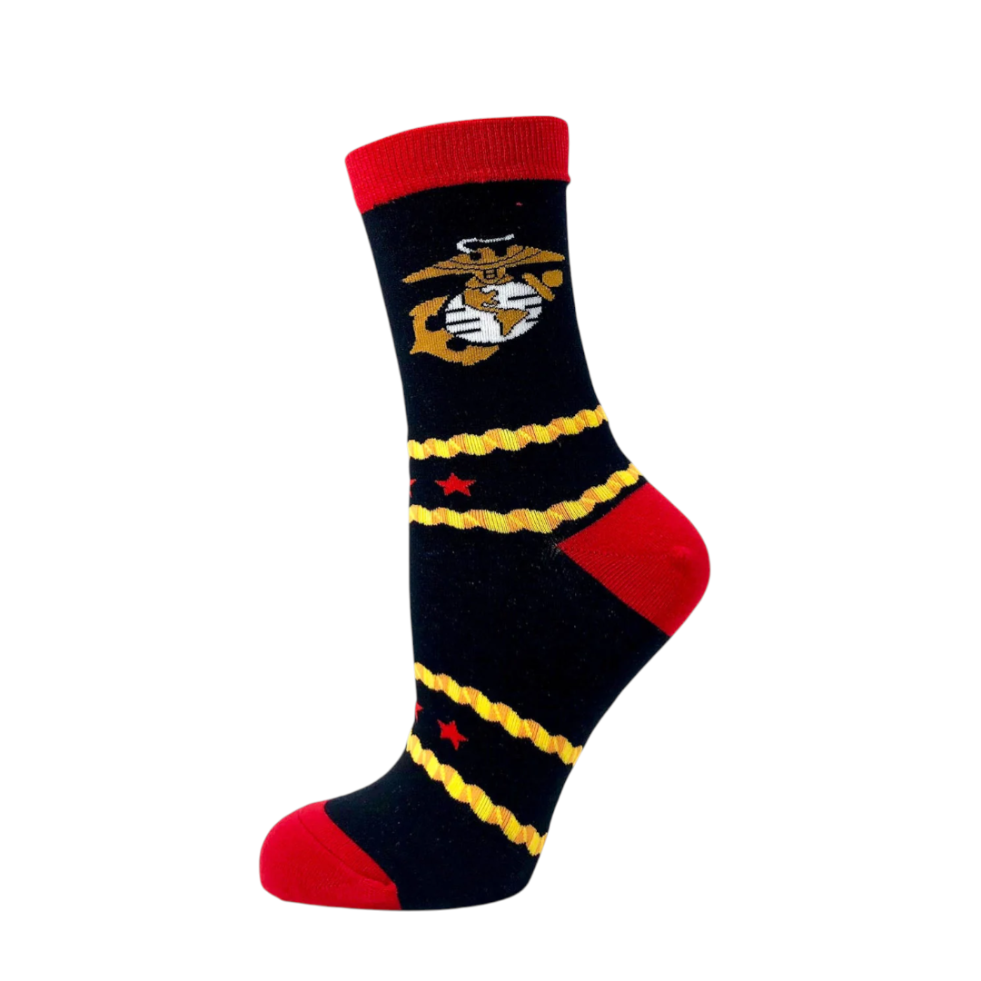 Back view of black and red Marine Mom crew sock with military-style emblem detail and gold stripes