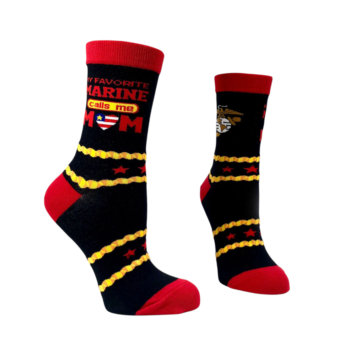Pair of Marine Mom crew socks in black and red with “My Favorite Marine Calls Me Mom” text and gold stripe details