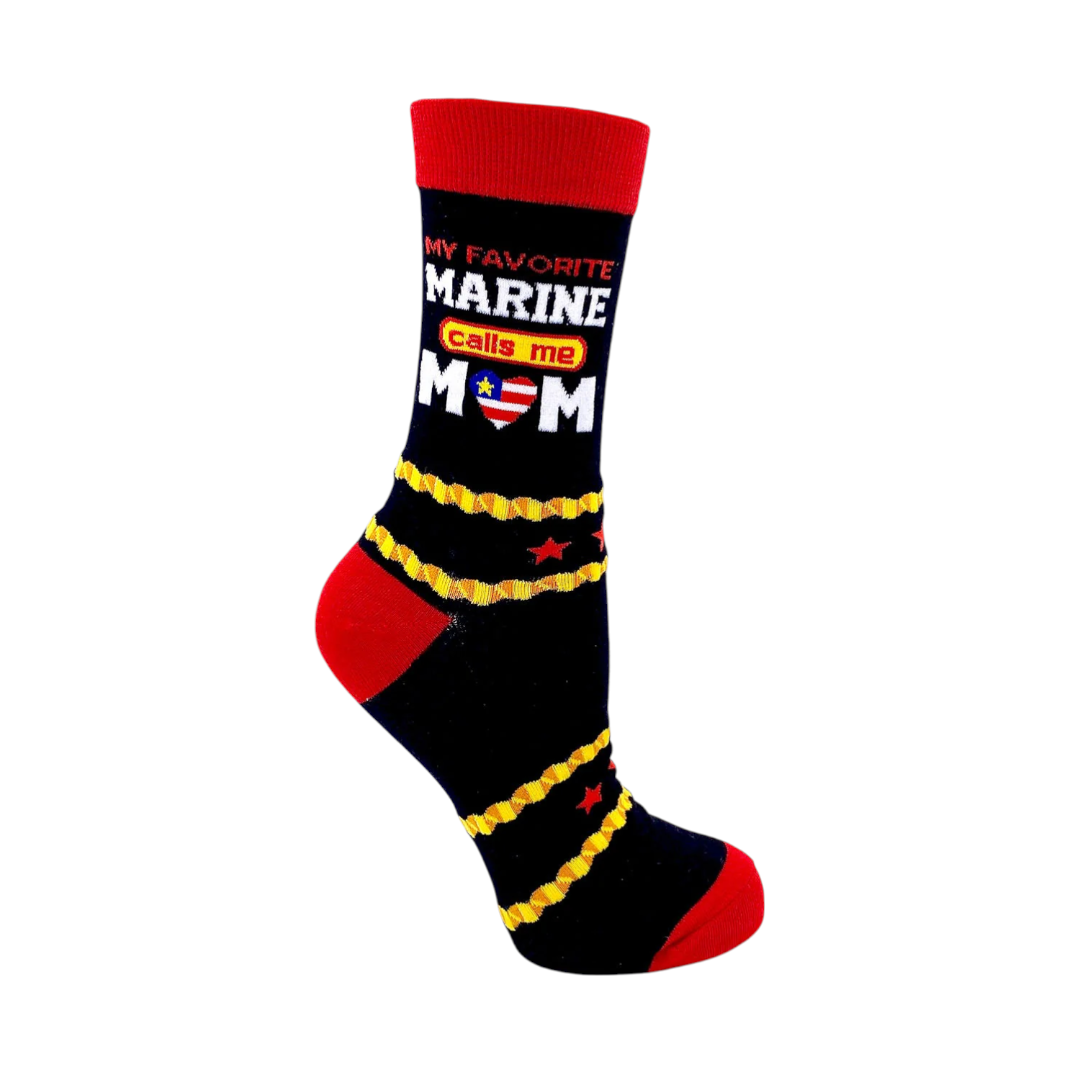Black and red Marine Mom crew sock showing “My Favorite Marine Calls Me Mom” message on the leg