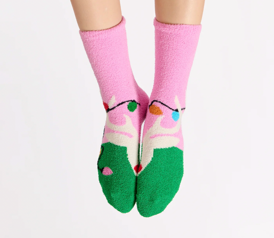 Women's Fuzzy ReindeerSocks - Christmas Lights and Cozy Nights