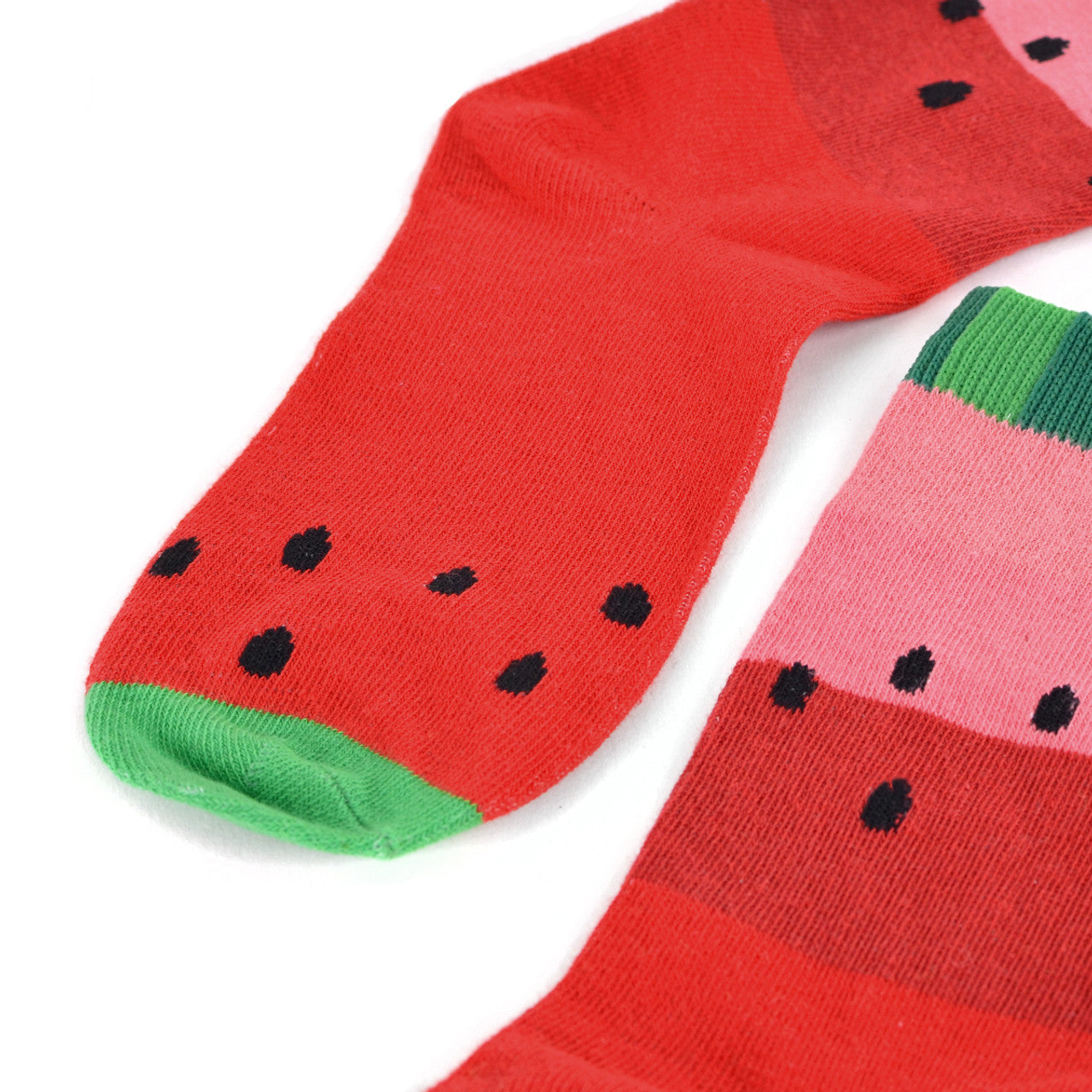 Vibrant red ankle socks with a watermelon-inspired design, featuring a green cuff, black seed details over the red base, and a green toe cap.