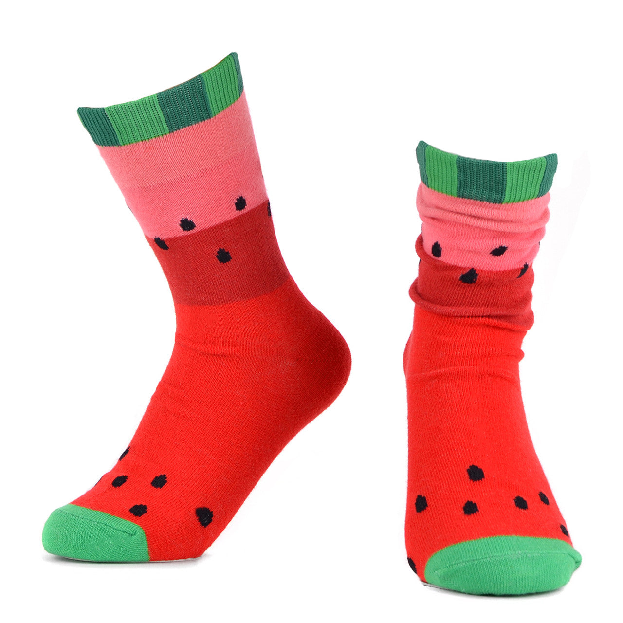 Vibrant red ankle socks with a watermelon-inspired design, featuring a green cuff, black seed details over the red base, and a green toe cap.