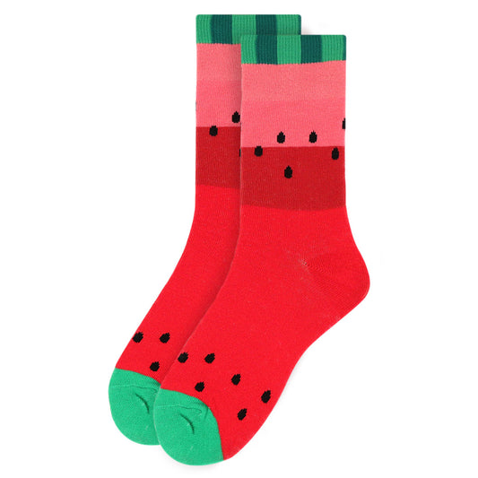 Vibrant red ankle socks with a watermelon-inspired design, featuring a green cuff, black seed details over the red base, and a green toe cap.