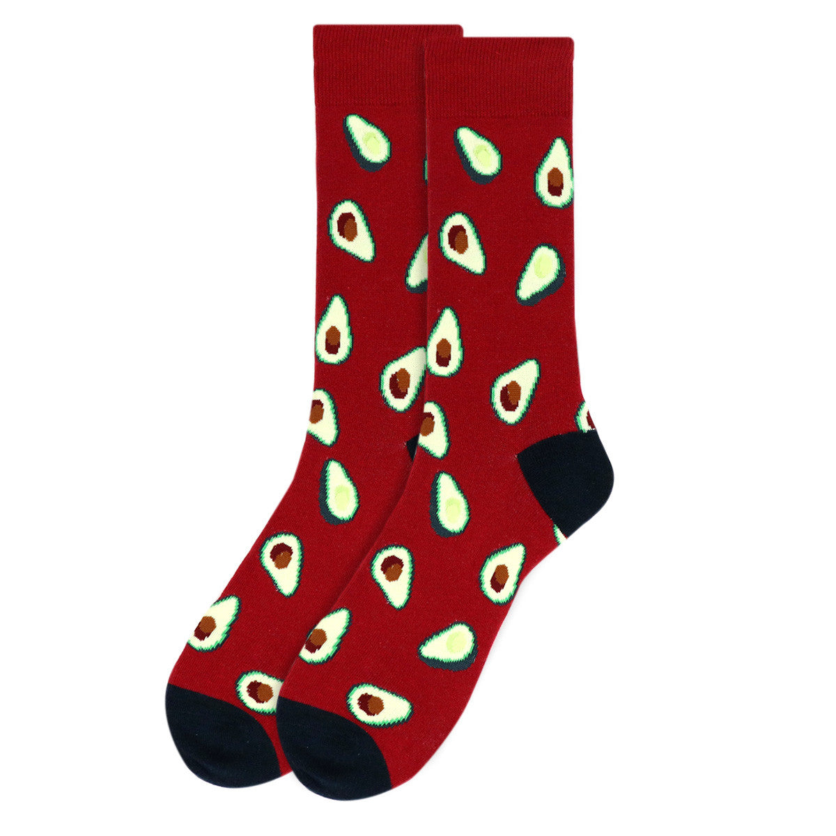 Men's red socks with avocado pattern. Black toe and heel.