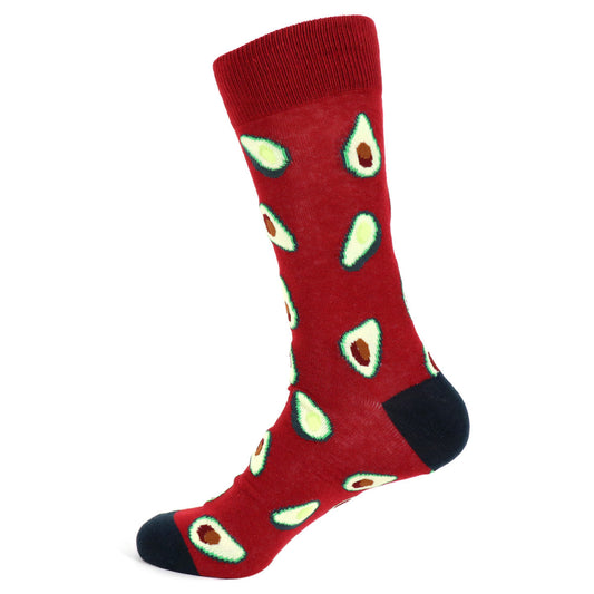 Men's red socks with avocado pattern. Black toe and heel.