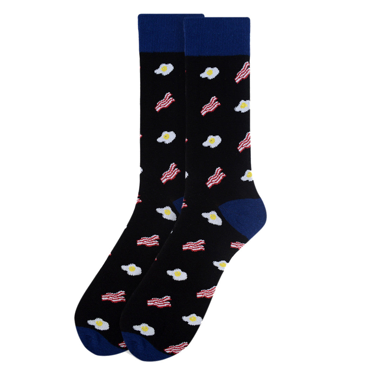 Men's Bacon and Eggs Breakfast Crew Socks -black with blue toe - Pair