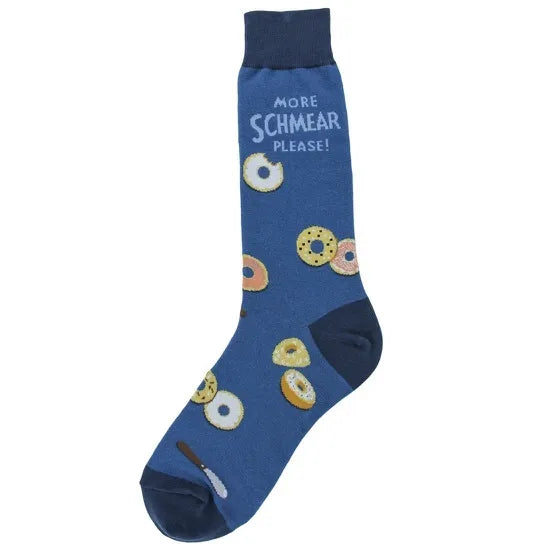 men’s blue crew socks with bagel with bagel and cream cheese pattern with More Schmear Please" text.
