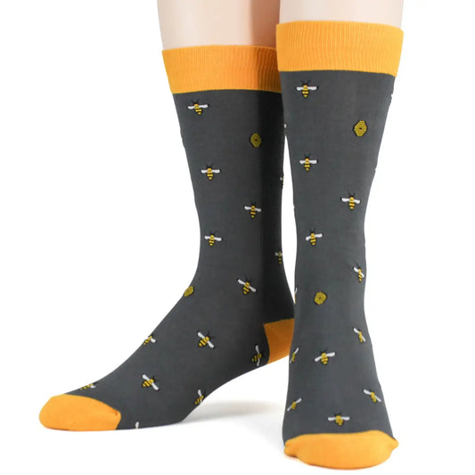 Gray mens bee print socks with gold tone toes, heel and top of sock
