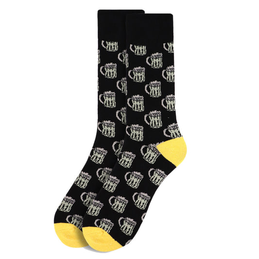 Men's Beer Socks - black socks with beer mug pattern and yellow toe and heel