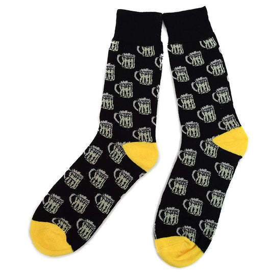 Men's Beer Socks - black socks with beer mug pattern and yellow toe and heel
