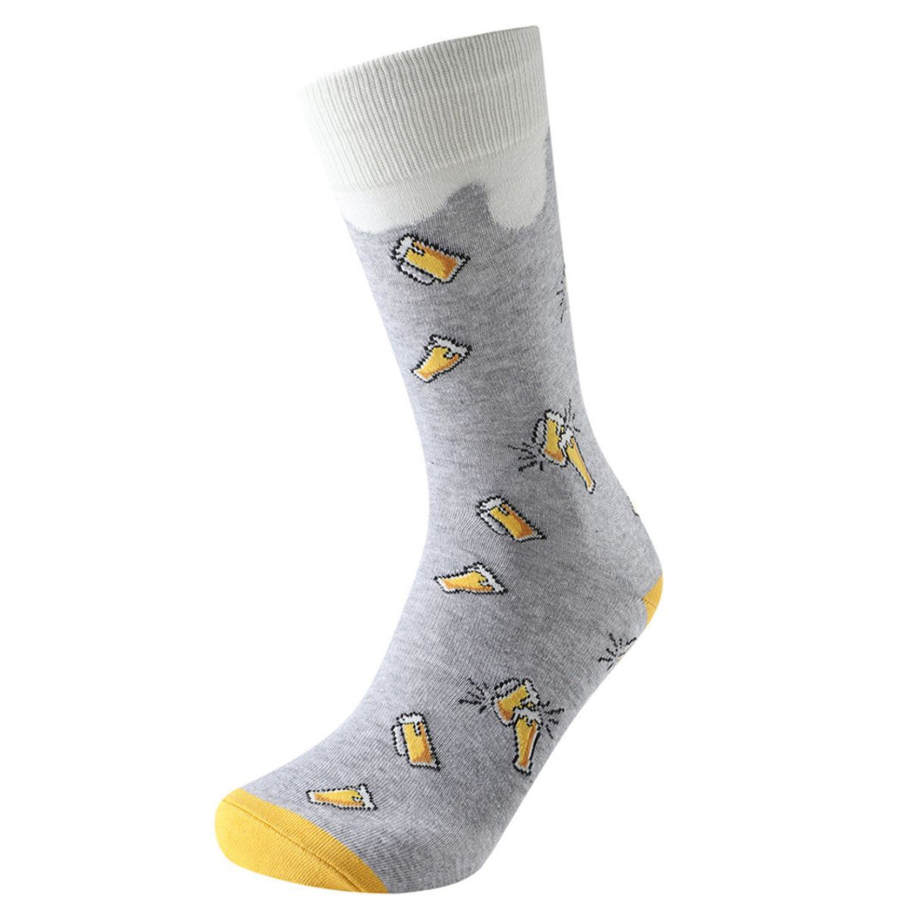 Men's Beer Socks - grey socks with beer glass pattern, foam top, and yellow toe and heel.
