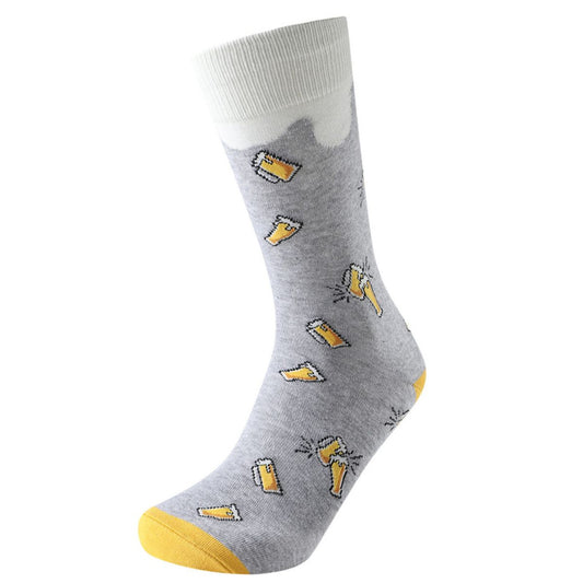 Men's Beer Socks - grey socks with beer glass pattern, foam top, and yellow toe and heel.