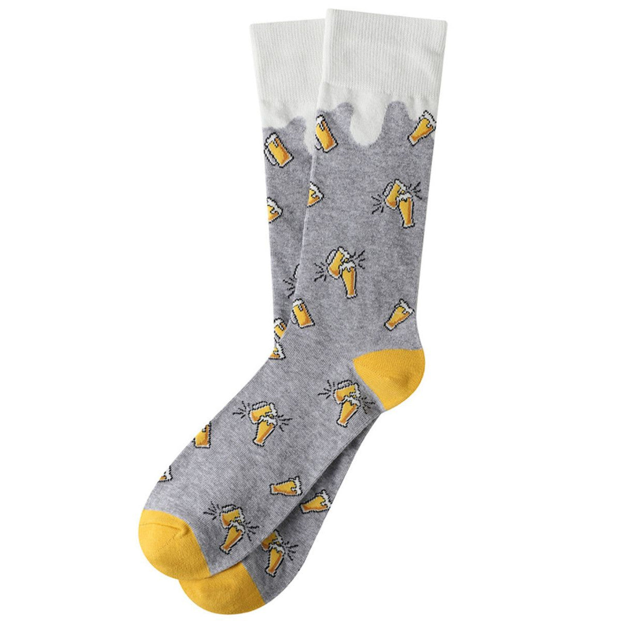 Men's Beer Socks - grey socks with beer glass pattern, foam top, and yellow toe and heel.
