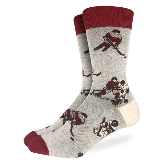 Men's Big & Tall Ice Hockey Socks - Gray and Maroon Sports. Hockey player pattern. grey socks with maroon toe and heel.