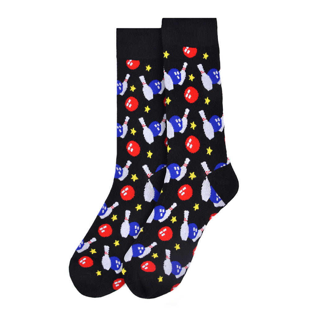 Mens black socks with colorful bowling pin and ball pattern.