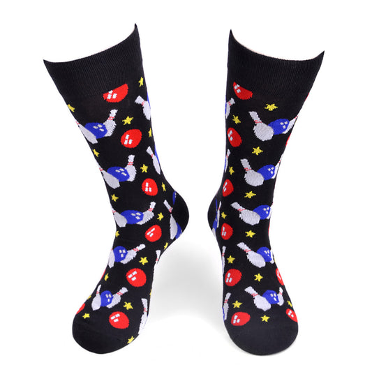 Mens black socks with colorful bowling pin and ball pattern.