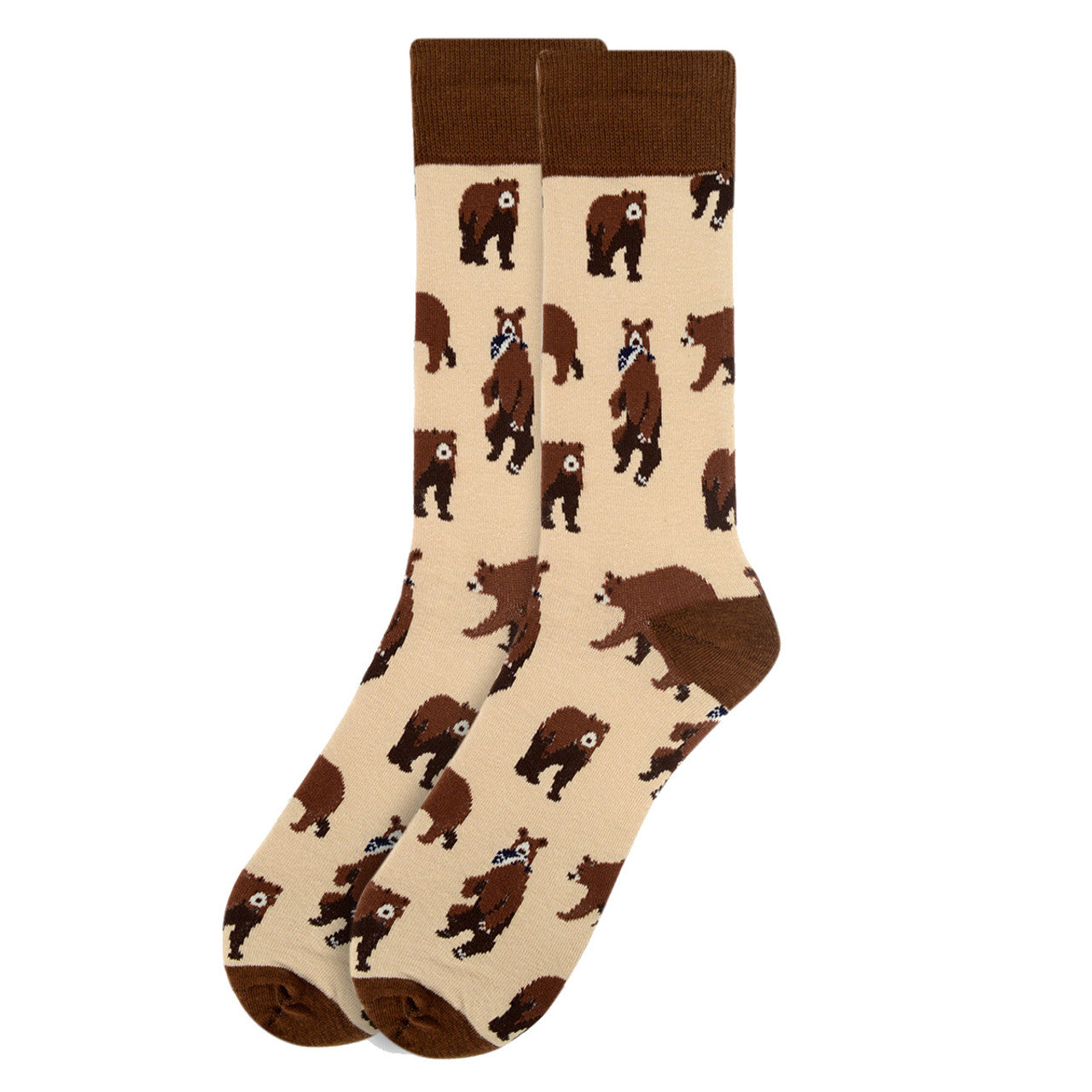 Men's Brown Bear Socks - Outdoorsman Gift - Beige socks with bear pattern, brown toe and heel.